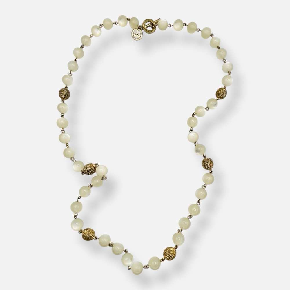 Vintage CROWN TRIFARI Necklace Signed Cream Moonglow Lucite Beaded‎ Gold 33"